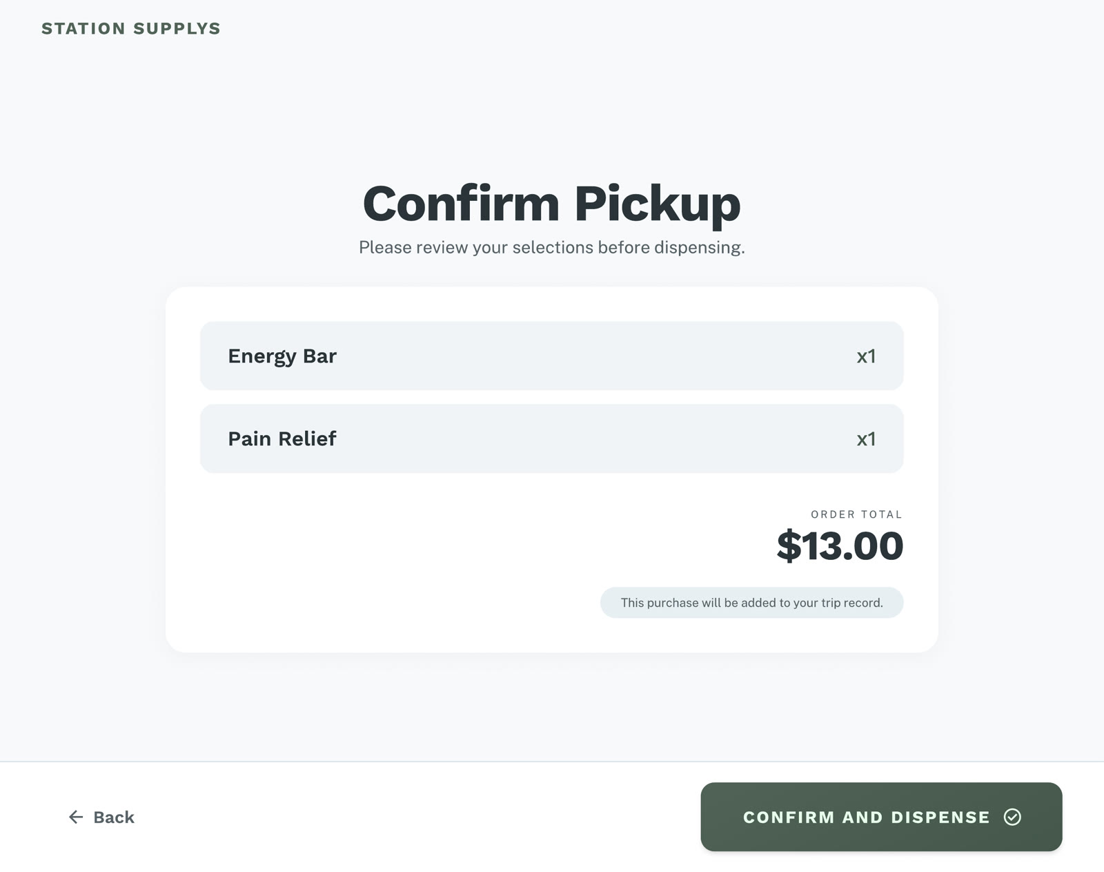 Confirm Pickup kiosk screen